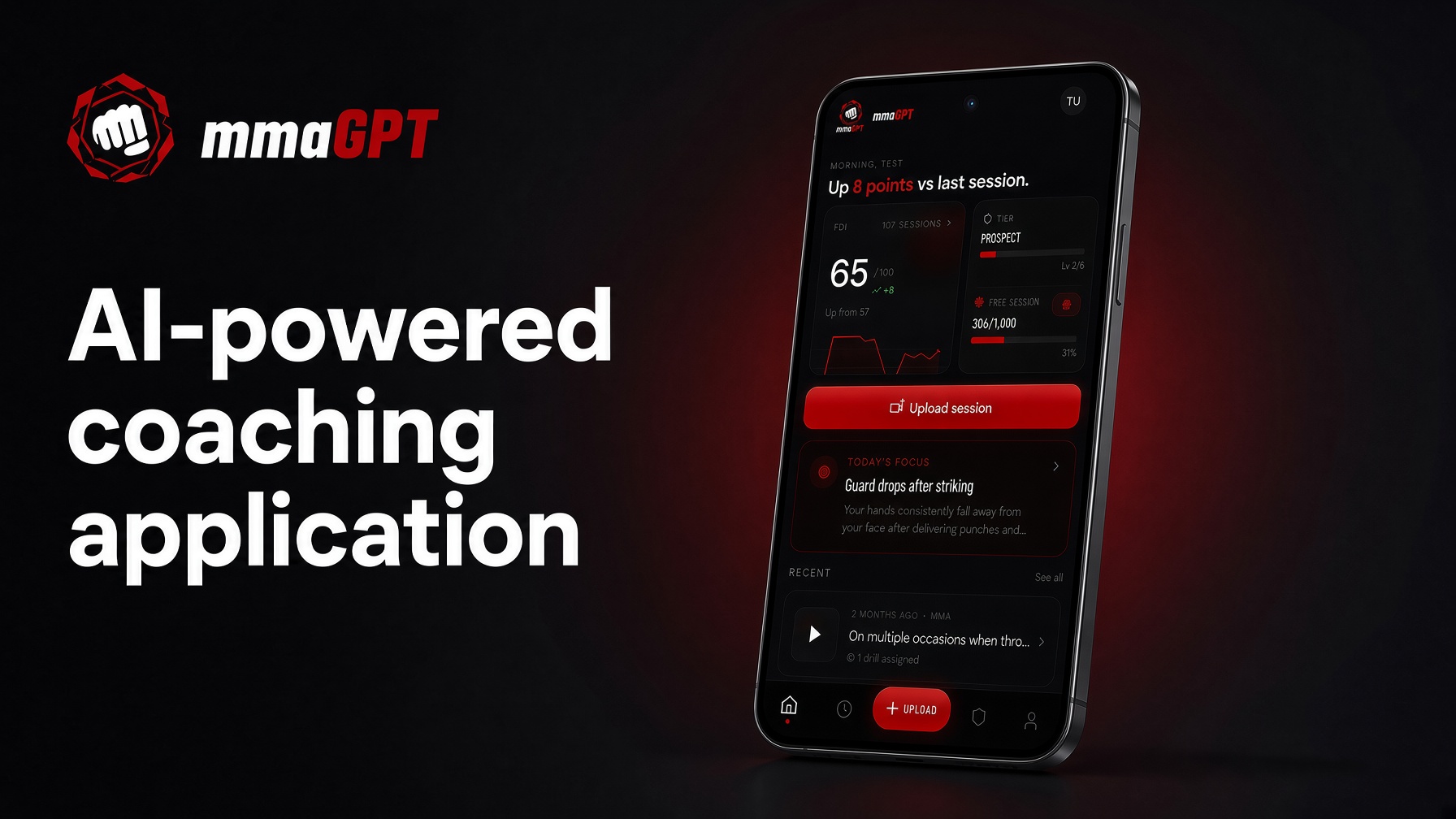 mmaGPT athlete dashboard showing technique feedback and progress score