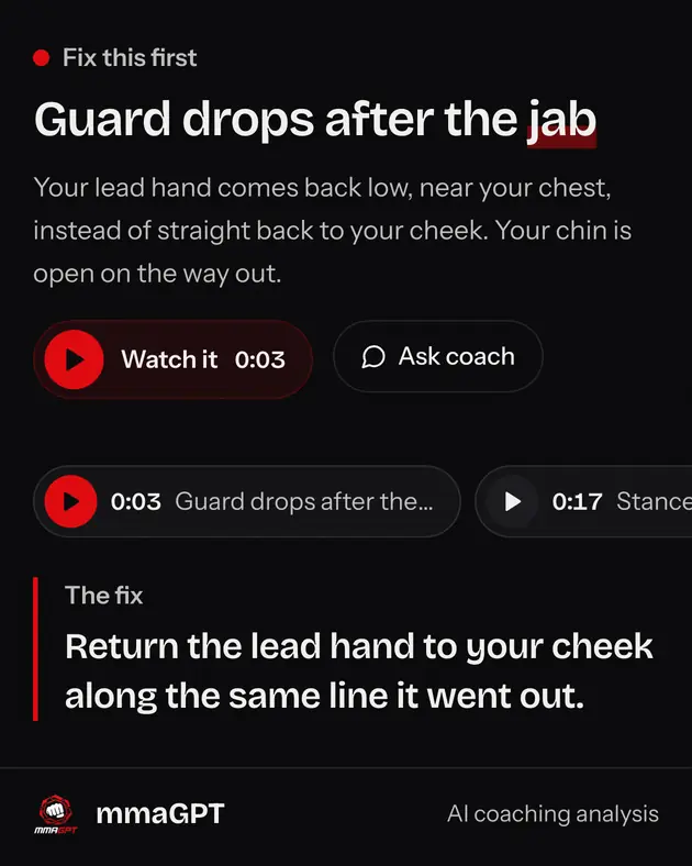 mmaGPT AI boxing analysis: "Fix this first, guard drops after the jab" with the 0:03 video timestamp and the fix to return the lead hand to the cheek