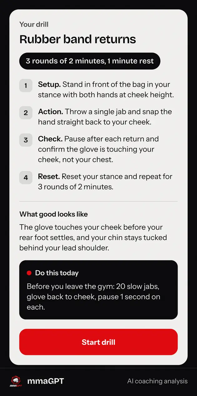 Boxing drill card: Rubber band returns, three two-minute rounds with setup, action and reset instructions